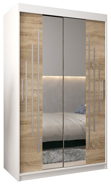 Šatní skříň s posuvnými dveřmi a dvoudílným zrcadlem YORK1 - 120x200cm -Bílá-Dub Sonoma-