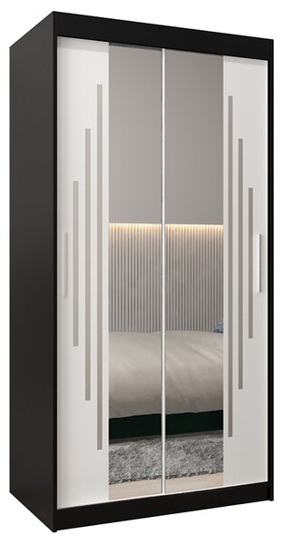 Šatní skříň s posuvnými dveřmi a dvoudílným zrcadlem YORK1 - 100x200cm -Černá-Bílá-