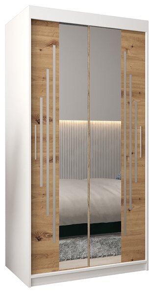Šatní skříň s posuvnými dveřmi a dvoudílným zrcadlem YORK1 - 100x200cm -Bílá-Dub Artisan-