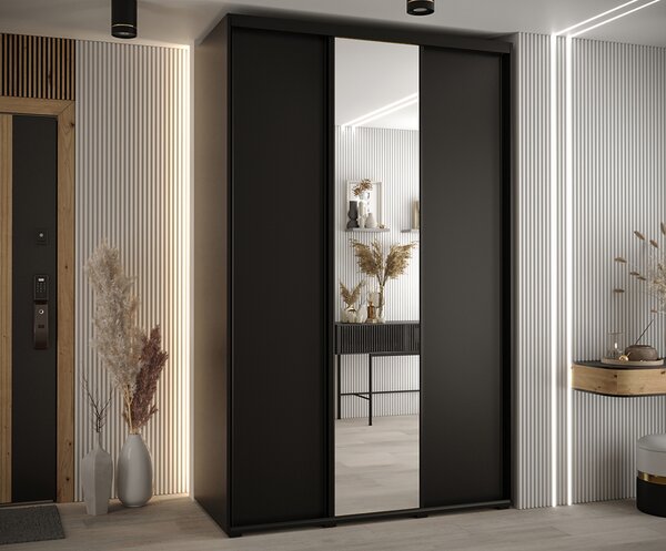Šatní skříň s posuvnými dveřmi a zrcadlem DAVOS 150cm | Černá / černé pojezdy