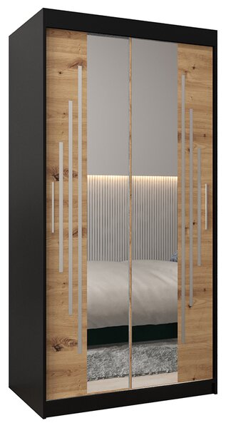 Šatní skříň s posuvnými dveřmi a dvoudílným zrcadlem YORK1 - 100x200cm -Černá-Dub Artisan-