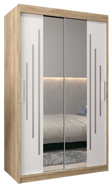 Šatní skříň s posuvnými dveřmi a dvoudílným zrcadlem YORK1 - 120x200cm -Dub Sonoma-Bílá-