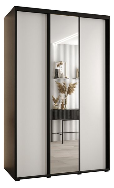 Šatní skříň s posuvnými dveřmi a zrcadlem DAVOS 150cm | Černá / bílá / černé pojezdy