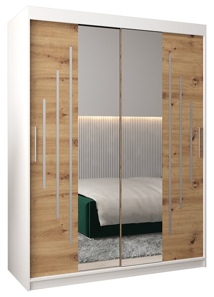 Šatní skříň s posuvnými dveřmi a dvoudílným zrcadlem YORK1 - 150x200cm -Bílá-Dub Artisan-