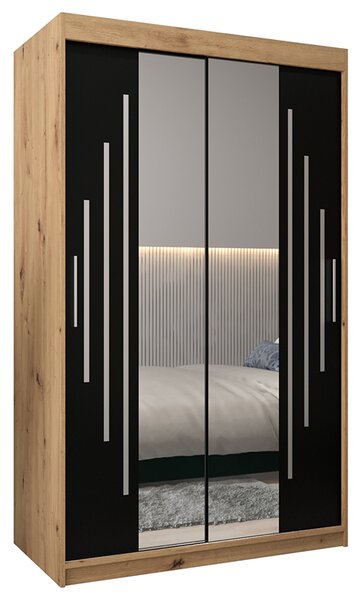 Šatní skříň s posuvnými dveřmi a dvoudílným zrcadlem YORK1 - 120x200cm -Dub Artisan-Černá-