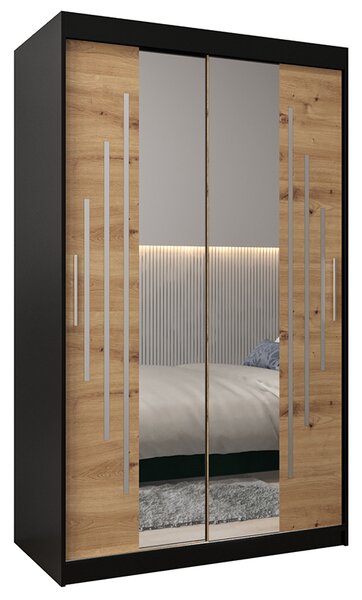 Šatní skříň s posuvnými dveřmi a dvoudílným zrcadlem YORK1 - 120x200cm -Černá-Dub Artisan-