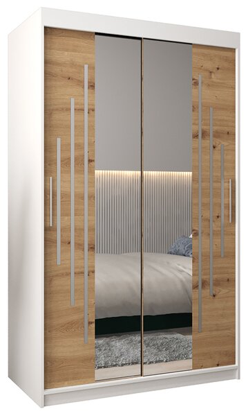Šatní skříň s posuvnými dveřmi a dvoudílným zrcadlem YORK1 - 120x200cm -Bílá-Dub Artisan-