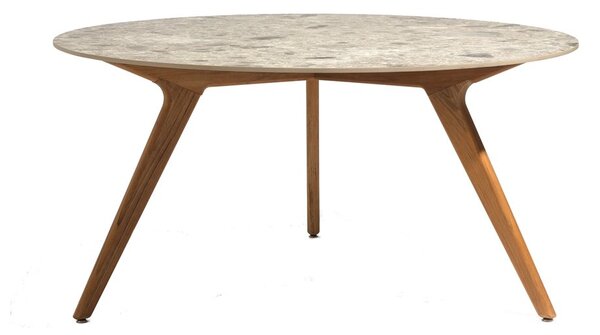Manutti Jídelní stůl Torsa, Manutti, kulatý prům. 125x73 cm, rám teak, deska keramika 12 mm, dekor marble white