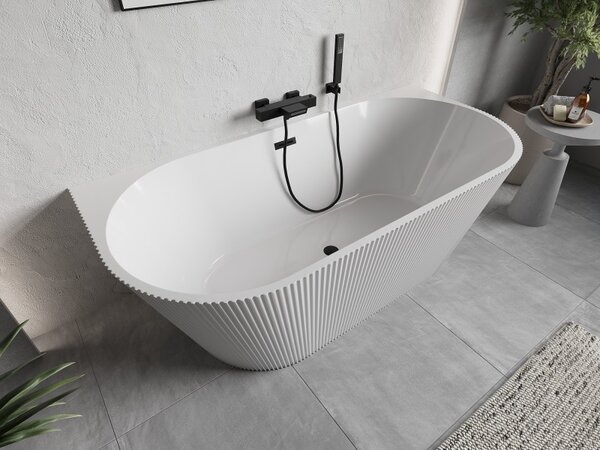 Mexen Oris, volně stojící rýhovaná vana 150 x 75 cm, bílá lesklá, černý matný přepad, 52871507500-70