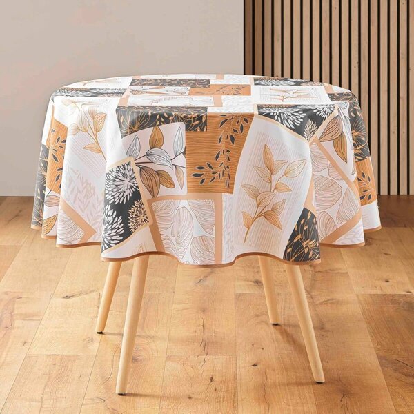 Ubrus s patchwork potiskem listů přírodní průměr 180 cm