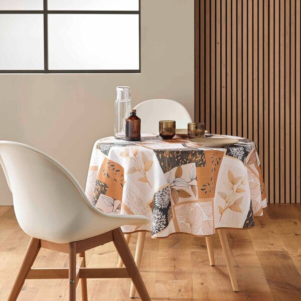 Ubrus s patchwork potiskem listů přírodní průměr 180 cm