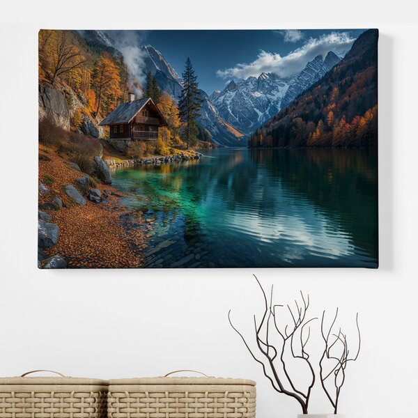 Obraz na plátně - Podzimní ráno v chatce u jezera FeelHappy.cz Velikost obrazu (šířka x výška): 40 x 30 cm