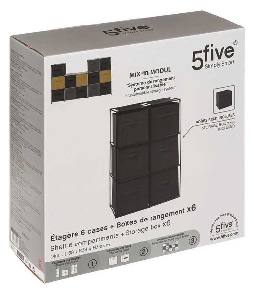 Regál s 6 textilními boxy, výš, 98 cm