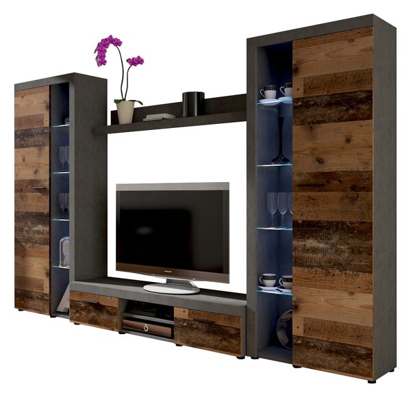 Obývací stěna Rudby XL (old wood style + matera) (bez osvětlení)
