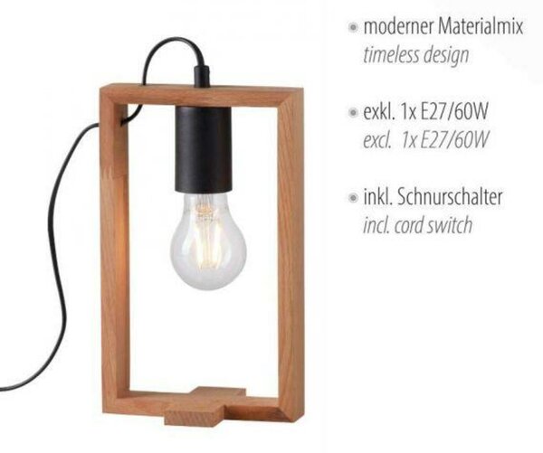 LEUCHTEN DIREKT is JUST LIGHT stolní lampa, černá, dřevěný rám, šňůrový vypínač, kov