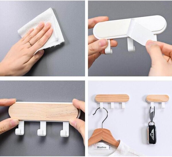 4Leaders Samolepicí nástěnný věšák se 3 háčky imitace dřeva 12,5×5,5 cm