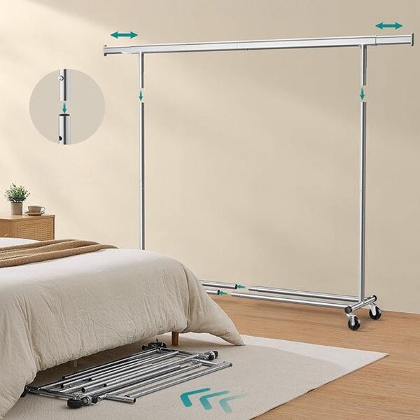 Stojan na oblečení DOLLY na kolečkách, max. 150 kg, 45x160-200x161,5cm, stříbrná SongmicsHome