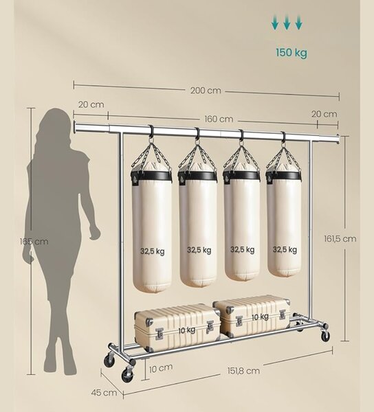 Stojan na oblečení DOLLY na kolečkách, max. 150 kg, 45x160-200x161,5cm, stříbrná SongmicsHome