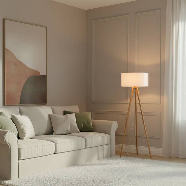 Lindby Stojací lampa Charlia, bílá, dřevo, výška 150 cm, Bílá / opál, Obývací pokoj / jídelna, Textil / tkanina / hedvábí, Skandinávský, Lampa trojnožka
