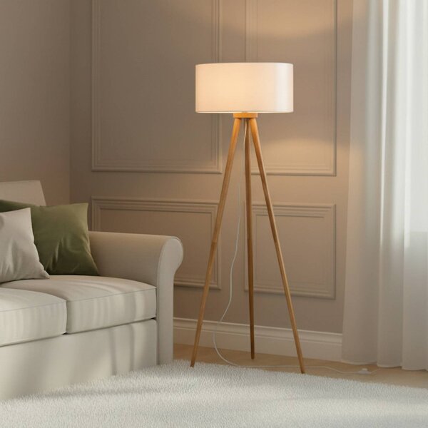 Lindby Stojací lampa Charlia, bílá, dřevo, výška 150 cm, Bílá / opál, Obývací pokoj / jídelna, Textil / tkanina / hedvábí, Skandinávský, Lampa trojnožka