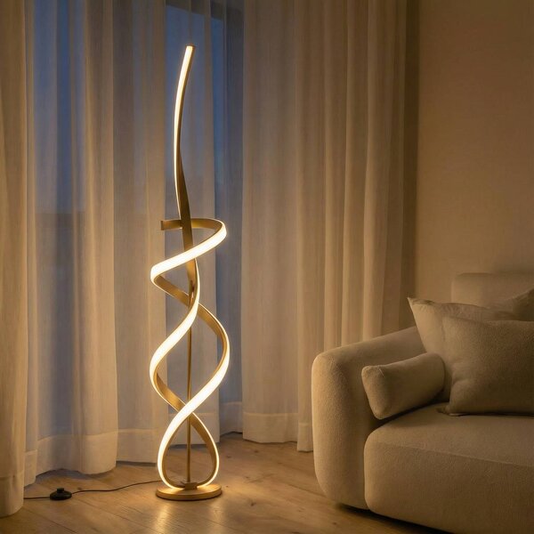 ONLI Stojací lampa Kira LED, výška 140 cm, zlatá barva, kov, 4000K, Mosaz / zlato, Obývací pokoj / jídelna, Hliník, Moderní