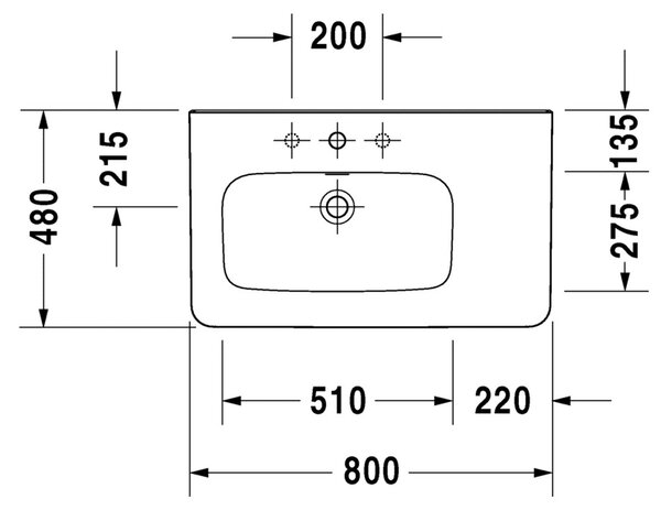 Duravit DuraStyle - Umyvadlo s přepadem 800x480 mm s odkládacím prostorem vpravo, bílá 232580000