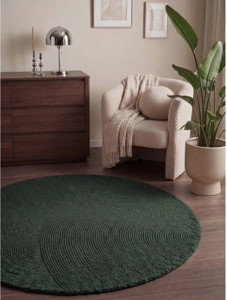Tmavě zelený ručně tkaný vlněný kulatý koberec ø 120 cm Calmio – Hanse Home