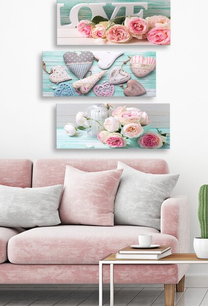 ASIR Obraz na MDF 3ks LÁSKA, SRDCE A KVĚTINY 20 x 50 cm