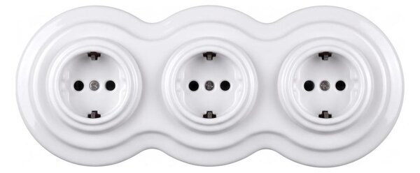 Elhard - Trojitá keramická retro zásuvka domovní s rámečkem SCHUKO 230V bílá