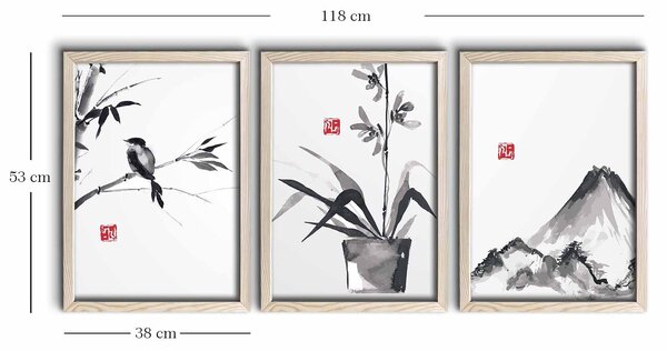 ASIR Obraz na MDF s rámem 3ks JAPONSKÉ UMĚNÍ 38 x 53 cm
