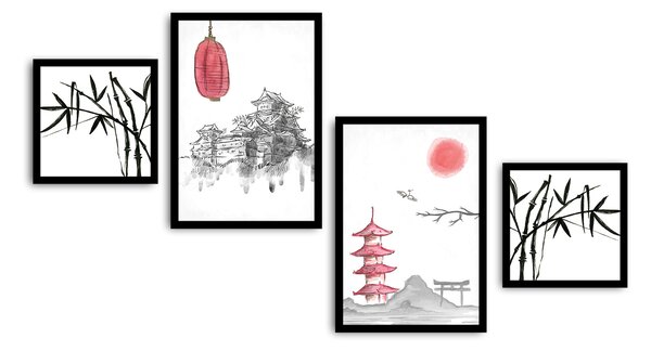 ASIR Obraz na MDF s rámem 4ks JAPONSKÉ UMĚNÍ 30 x 30 (2) 35 x 50 cm (2)
