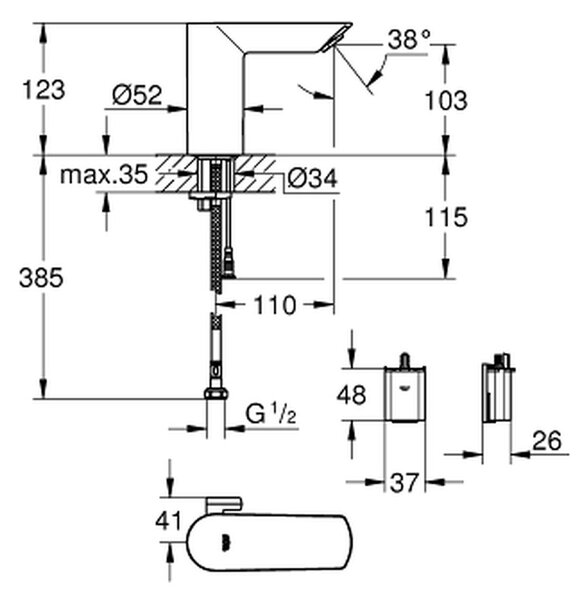 GROHE Bau Cosmopolitan E - Infračervená elektronická umyvadlová baterie 1/2" se směšovacím zařízením a nastavitelným omezovačem teploty, Chrom 36451000