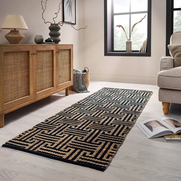 Černý/v přírodní barvě ručně tkaný běhoun s příměsí juty 80x230 cm Meander Jute – Flair Rugs