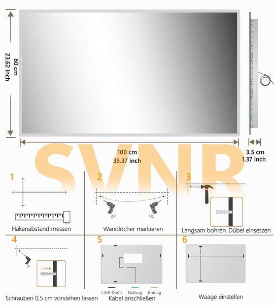 Zrcadlo s osvětlením – 120 x 60 cm, 3 teploty světla, plynulé stmívání, proti zamlžování
