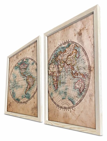 ASIR Obraz na MDF s rámem 2ks STARÁ MAPA SVĚTA 38 x 53 cm