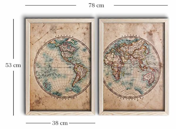 ASIR Obraz na MDF s rámem 2ks STARÁ MAPA SVĚTA 38 x 53 cm