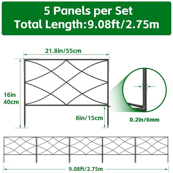 Dekorativní kovové zahradní plot, rozměry 40 cm x 2,75 m, černá barva, moderní design, ocel s příměsí železa