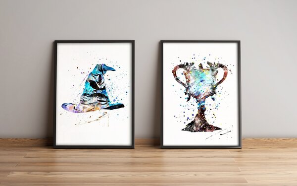 ASIR Obraz na MDF s rámem 2ks HARRY POTTER, POHÁR, KLOBOUK 36 x 51 cm