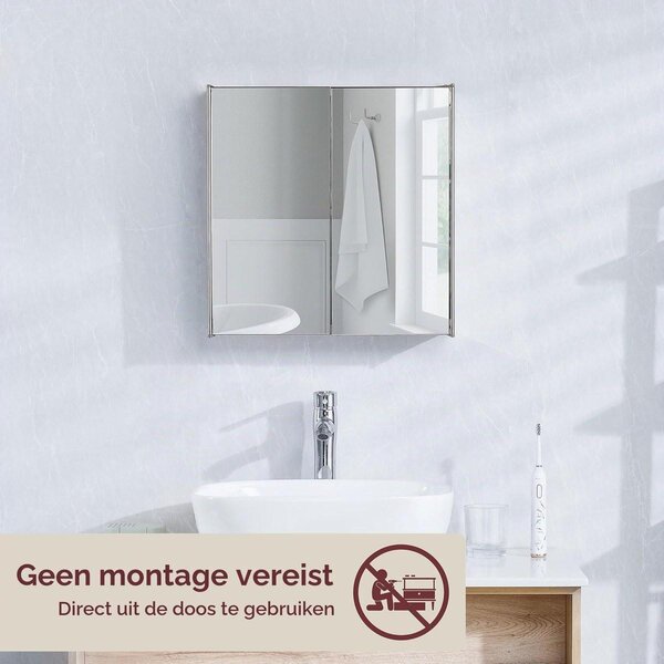 Koupelnová skříňka zrcadlová skříňka - Nerezová ocel - Dvojité zrcadlové dveře - Magnetické zavírání - Stříbrná - 44 x 9 cm - Do koupelny