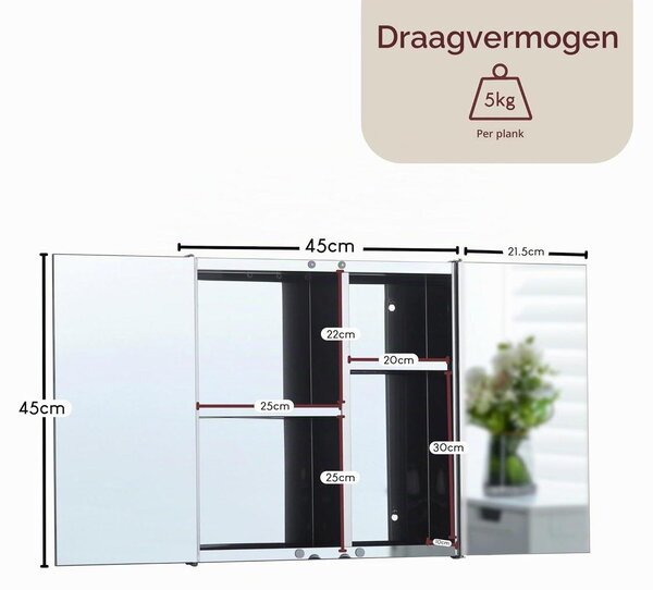 Koupelnová skříňka zrcadlová skříňka - Nerezová ocel - Dvojité zrcadlové dveře - Magnetické zavírání - Stříbrná - 44 x 9 cm - Do koupelny