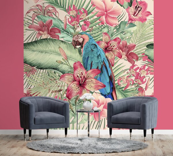 Fototapeta Papoušek mezi růžovými listy - Andrea Haase Materiál: Vliesová, Rozměry: 100 x 100 cm
