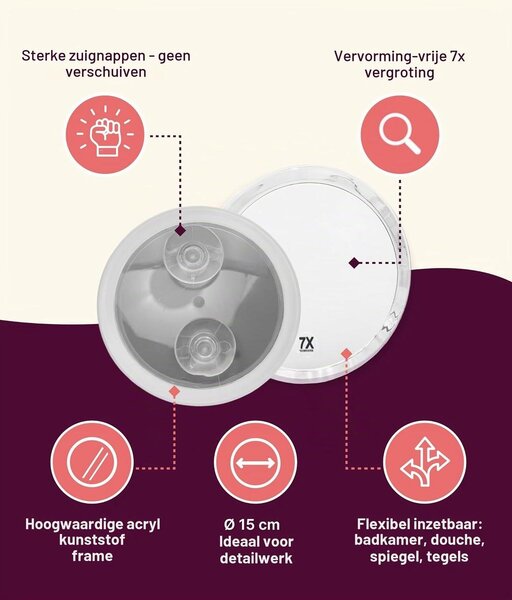 Holicí zrcadlo se přísavkami - 7x zvětšení - Plastový rám - Stříbrný kroužek - Bez osvětlení