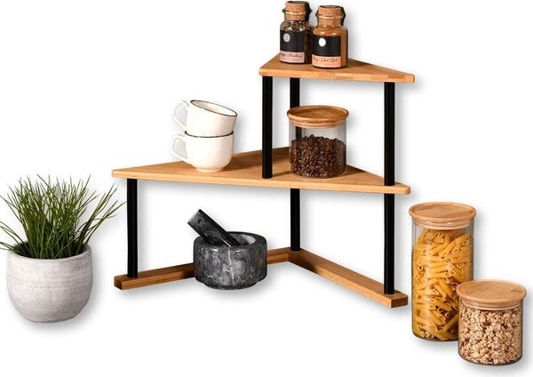 Rohový kuchyňský regál bambus - 2 patra - 52 x 39 x 29,5 cm - Přírodní a černá