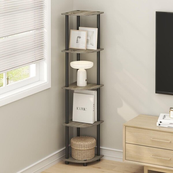 Rohový regál - 5 úrovní - French Oak Grey a černá - 29,5 x 146,6 x 29,5 cm