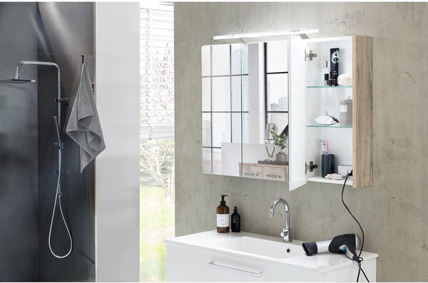 Zrcadlová skříňka koupelnová 70 x 75 x 16 cm - Divoký dub - S LED osvětlením - Tři dvířka