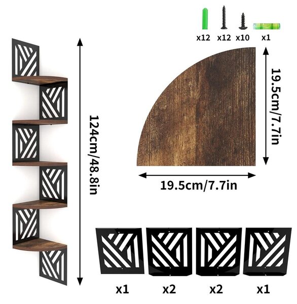 Rohová police dřevo pět úrovní - Nástěnná rohová knihovna - Geometrické tvary - 19,5 x 19,5 x 1,5 cm