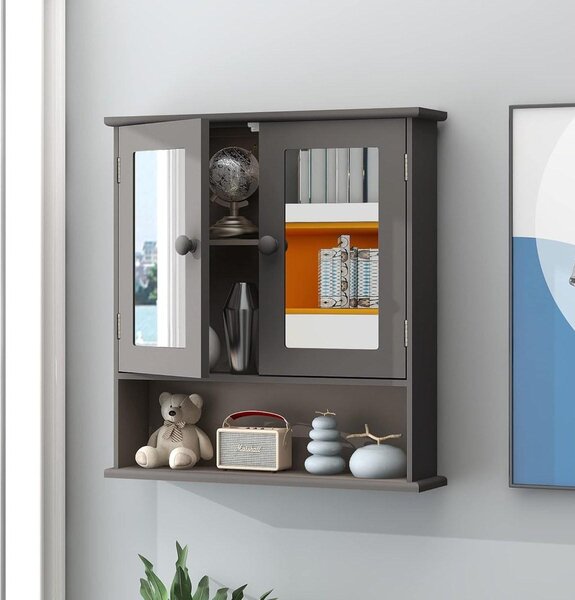 Závěsná koupelnová skříňka se zrcadlem - 2 zrcadlová dvířka - 13 x 56 x 58 cm - Šedá - Pro koupelnu a záchod