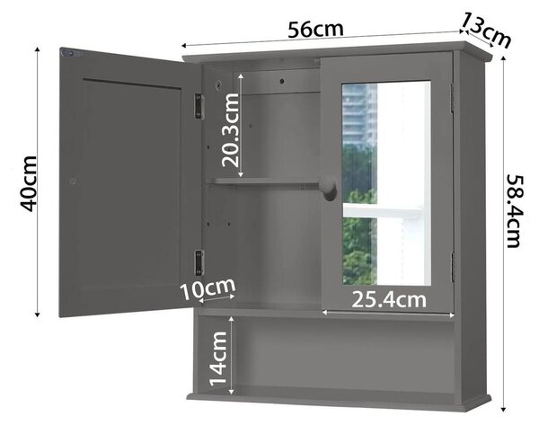 Závěsná koupelnová skříňka se zrcadlem - 2 zrcadlová dvířka - 13 x 56 x 58 cm - Šedá - Pro koupelnu a záchod
