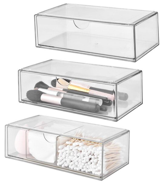 Organizér na make-up - Průhledný akryl - Sada 3 kusů - Stohovatelný - Zásuvky do koupelny, na stůl a toaletní stolek