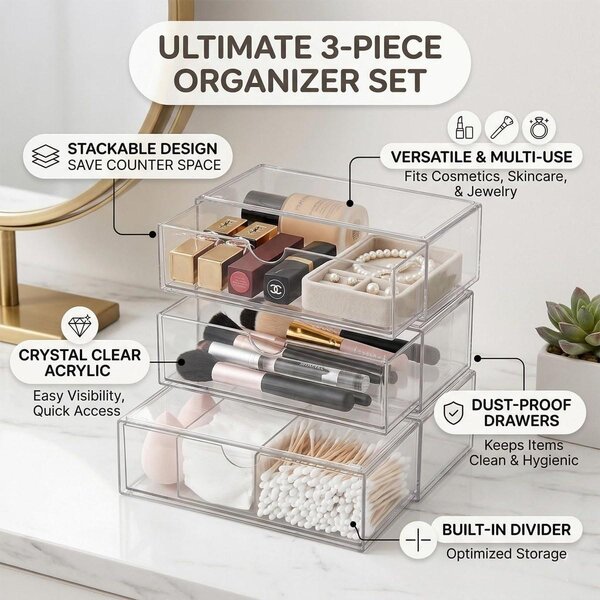 Organizér na make-up - Průhledný akryl - Sada 3 kusů - Stohovatelný - Zásuvky do koupelny, na stůl a toaletní stolek